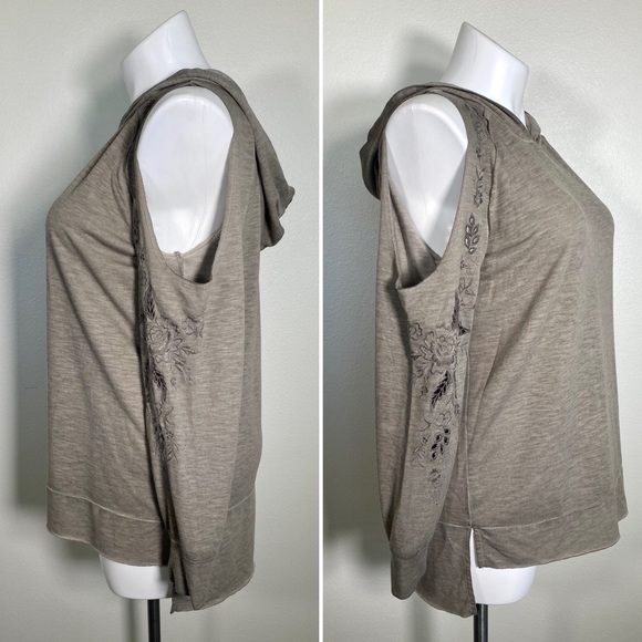 Knox Rose Floral embroidered Cut Out Cold Shoulder Hooded Sweatshirt Taupe XXL - Picture 3 of 9
